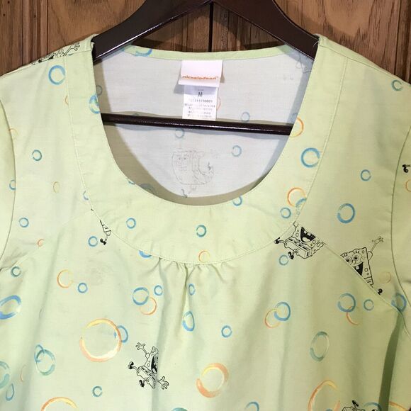 Nickelodeon SpongeBob SquarePants Top Women's M Lime Cotton Poly Scrubs Pockets - Picture 4 of 9